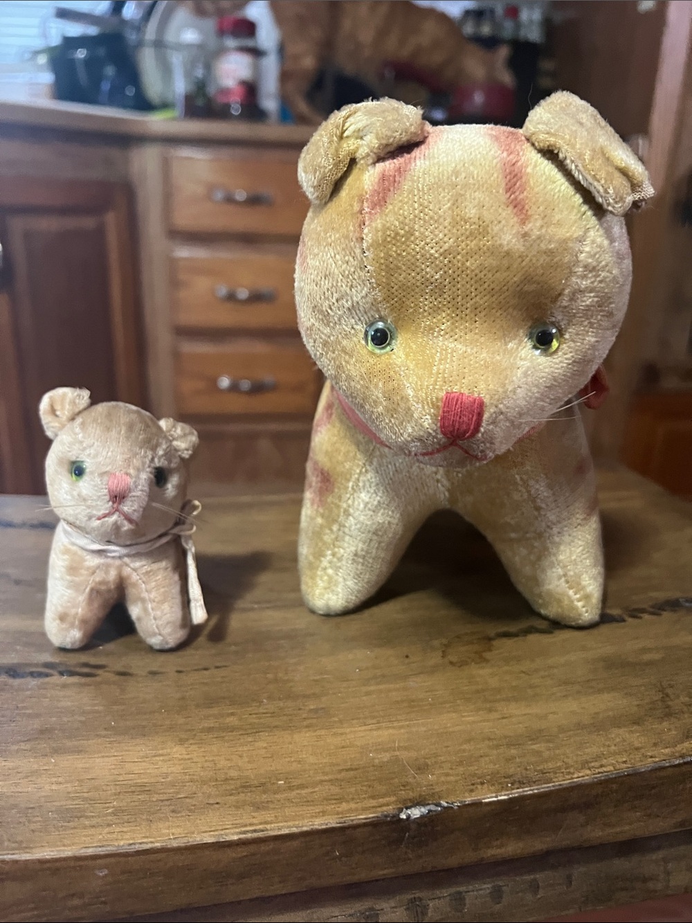 Vintage mohair tabby cat and miniature tabby featuring green glass eyes
